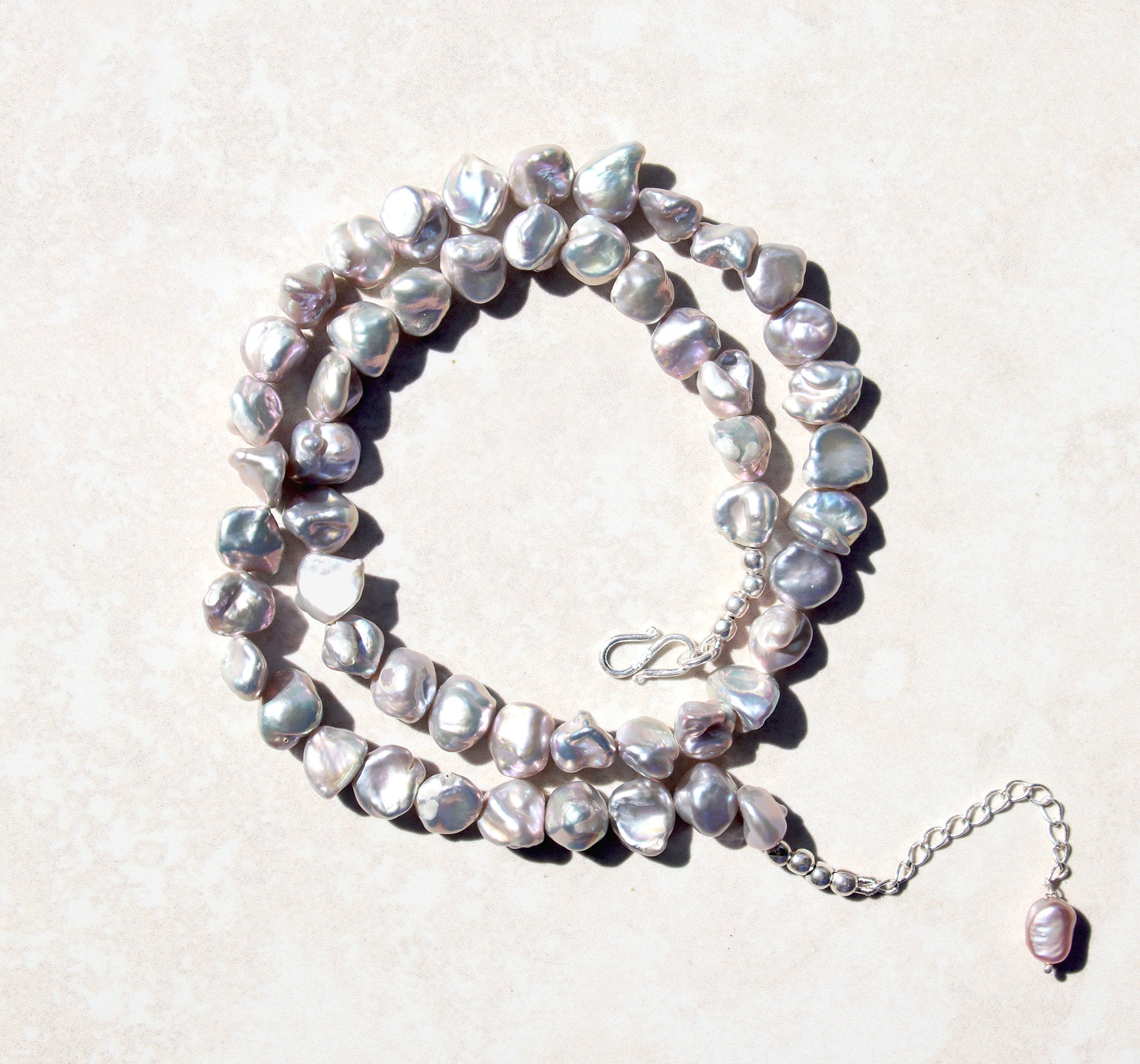 Silver Baroque pearl necklace.