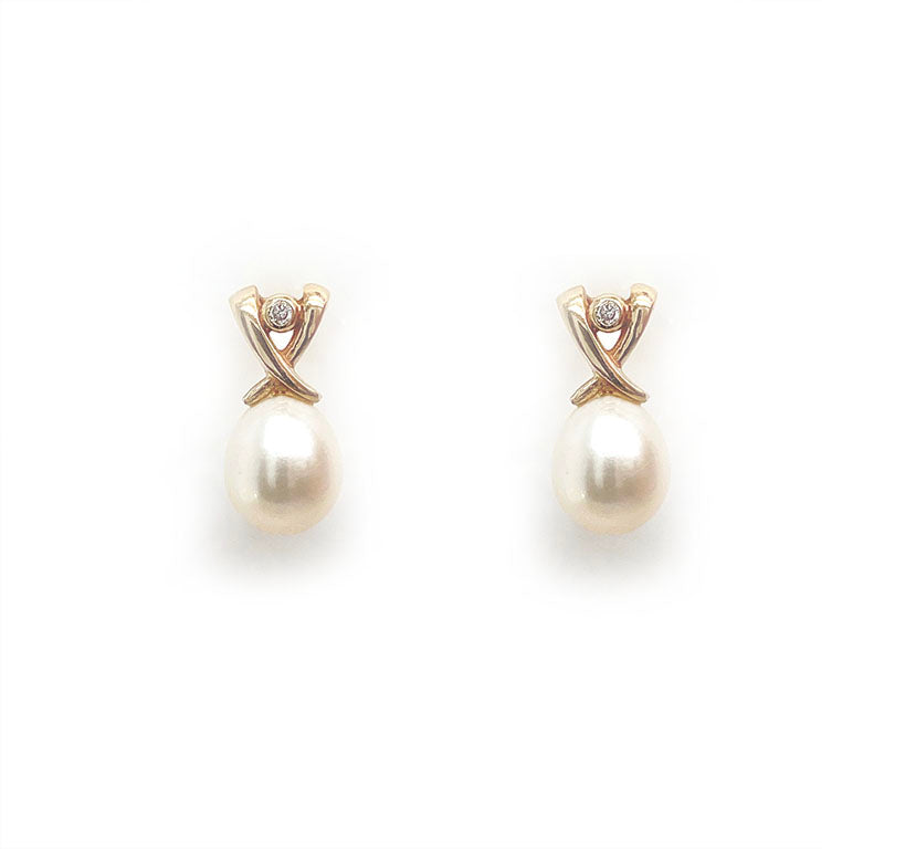 18ct Yellow Gold Diamond Pearl Drop Studs