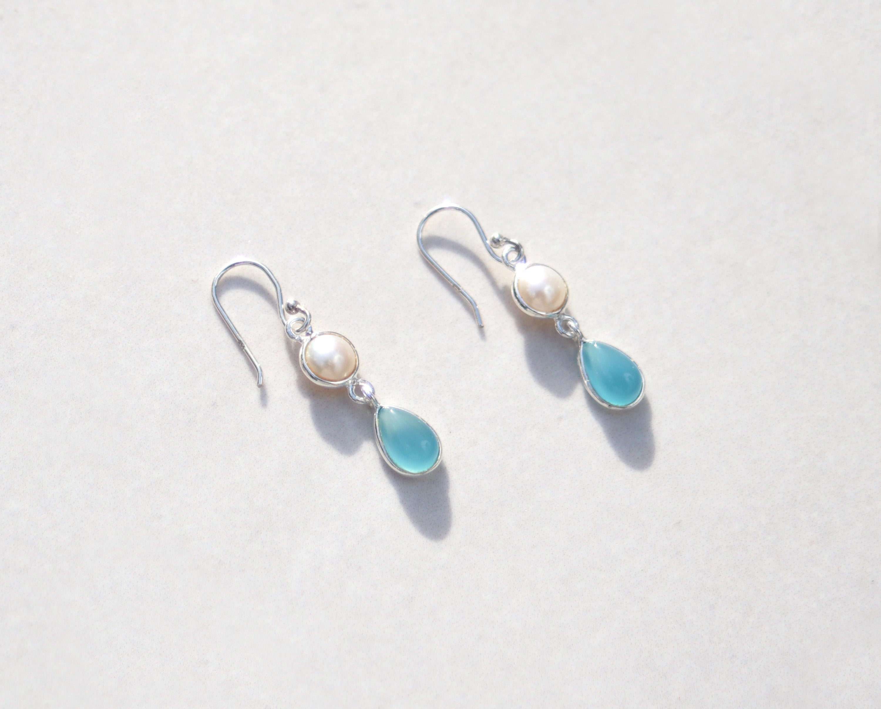 Silver pearl & chalcedony drop earrings