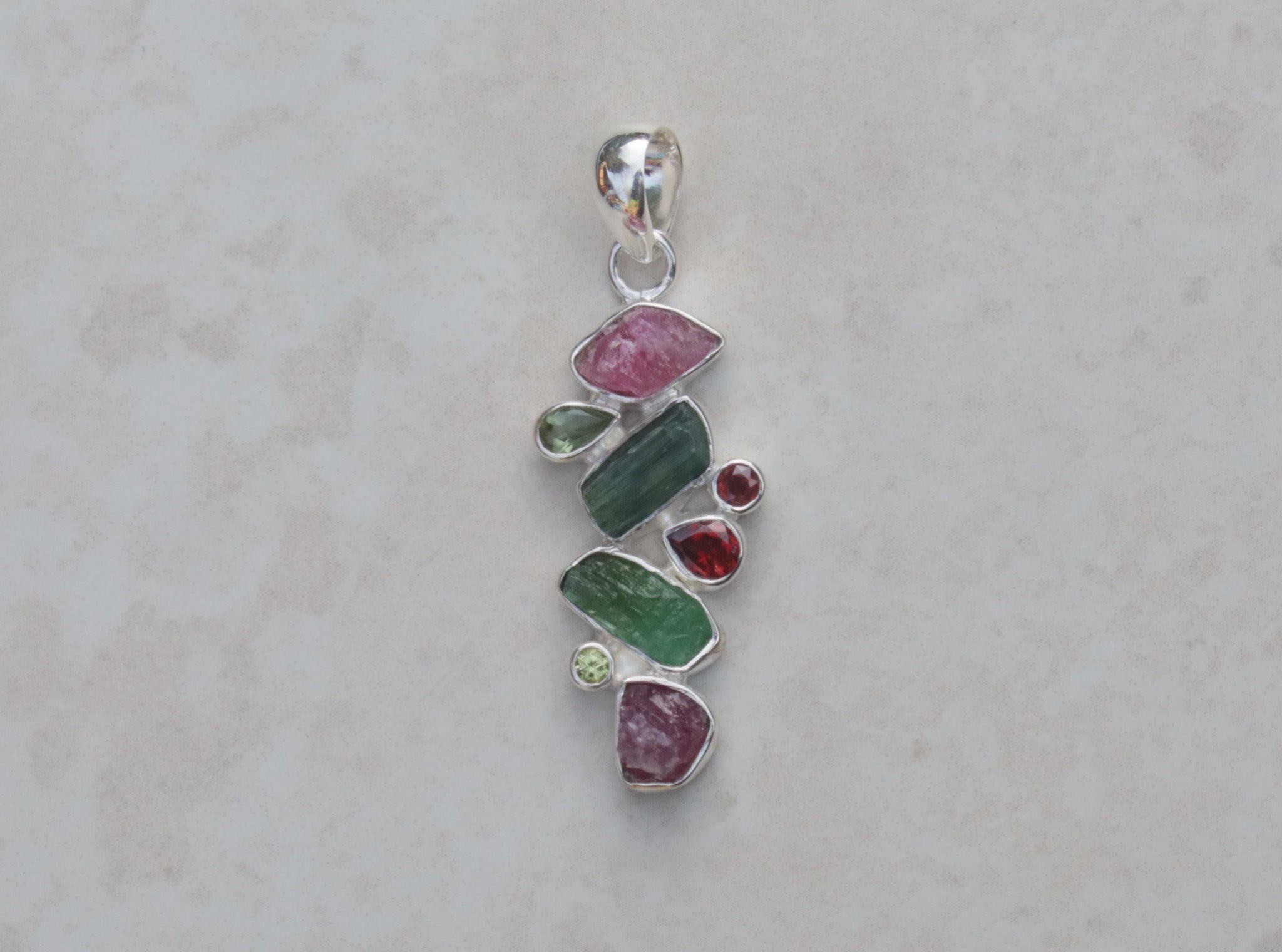 Silver Tourmaline, Peridot and Garnet pendant