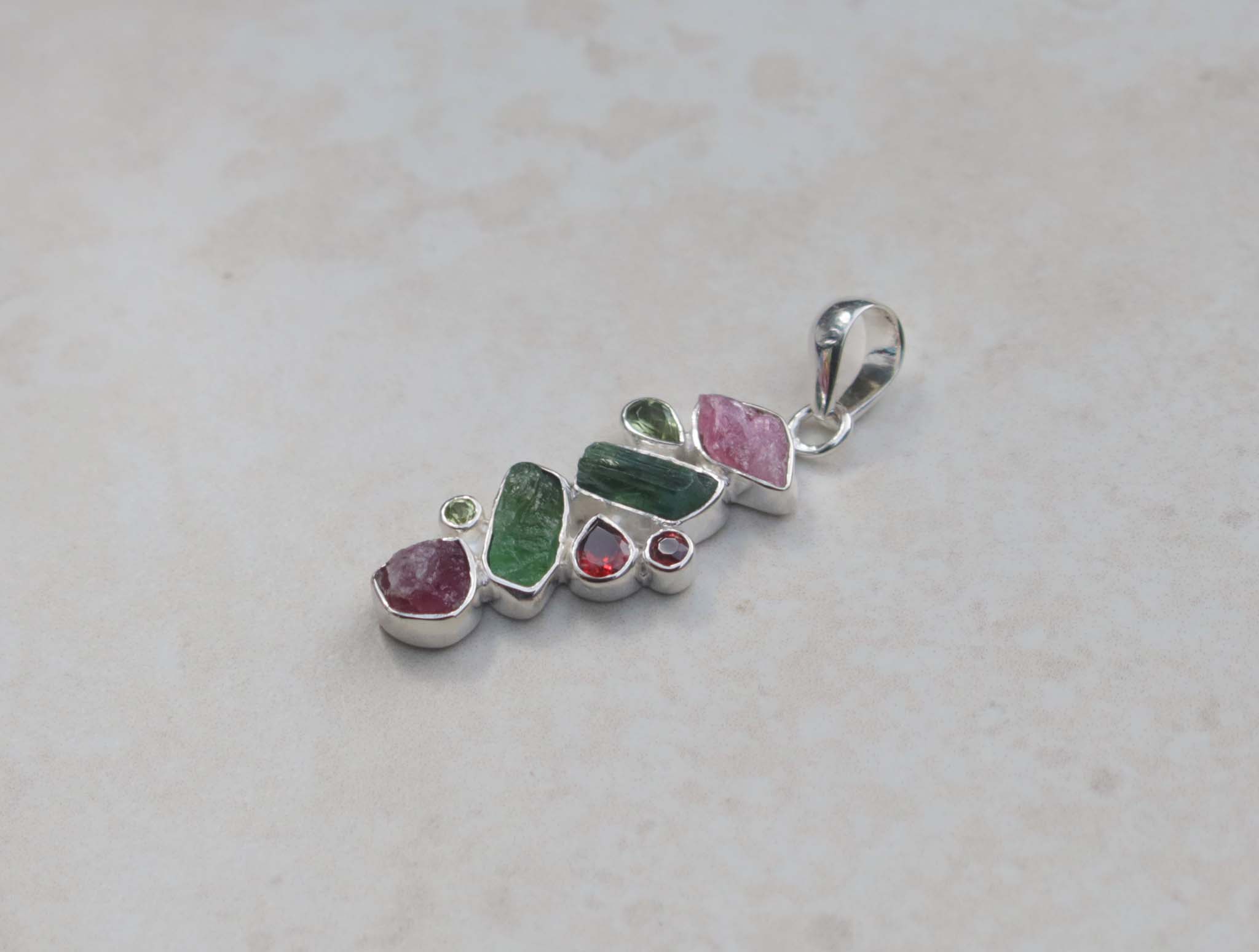 Silver Tourmaline, Peridot and Garnet pendant