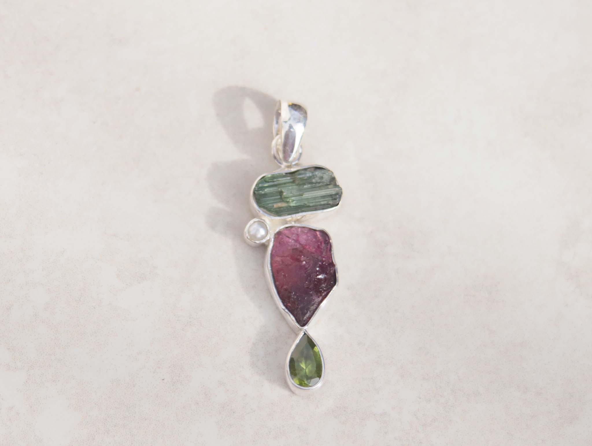 Silver Tourmaline, Peridot and Pearl pendant