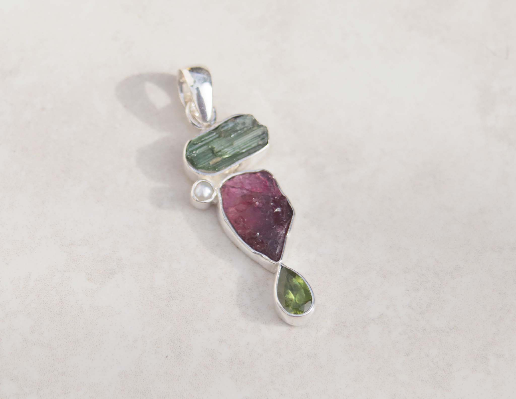 Silver Tourmaline, Peridot and Pearl pendant