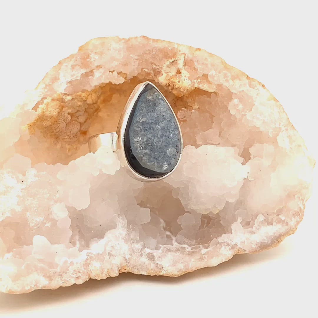 This unique Onyx druzy ring has a soft glistening druzy centre surrounded by solid black polished onyx.  - video