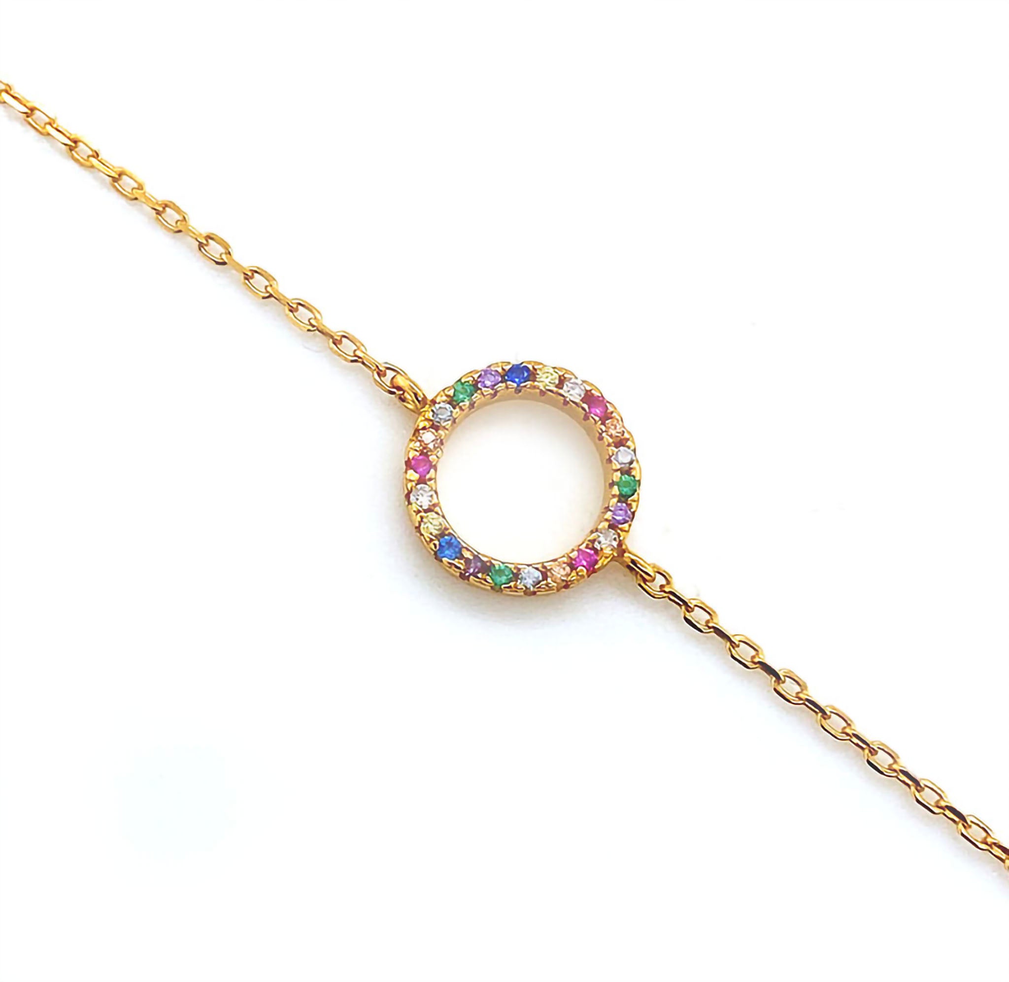 Crafted from 18ct gold vermeil, this bracelet features a halo of glistening multi-coloured stones. This delicate chain can be adjusted to your ideal fit. This bracelet has a rainbow circle in the centre with a dainty chain . Materials include 18ct Gold Vermeil (plated on sterling silver) and can be adjusted to 18 cm, 19 cm and 20 cm. This bracelet measures approx 21.5 cm in length . 