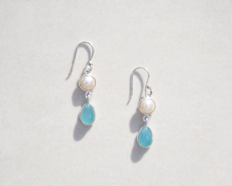 Silver pearl & chalcedony drop earrings
