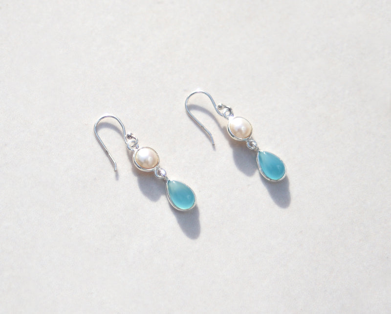 Silver pearl & chalcedony drop earrings