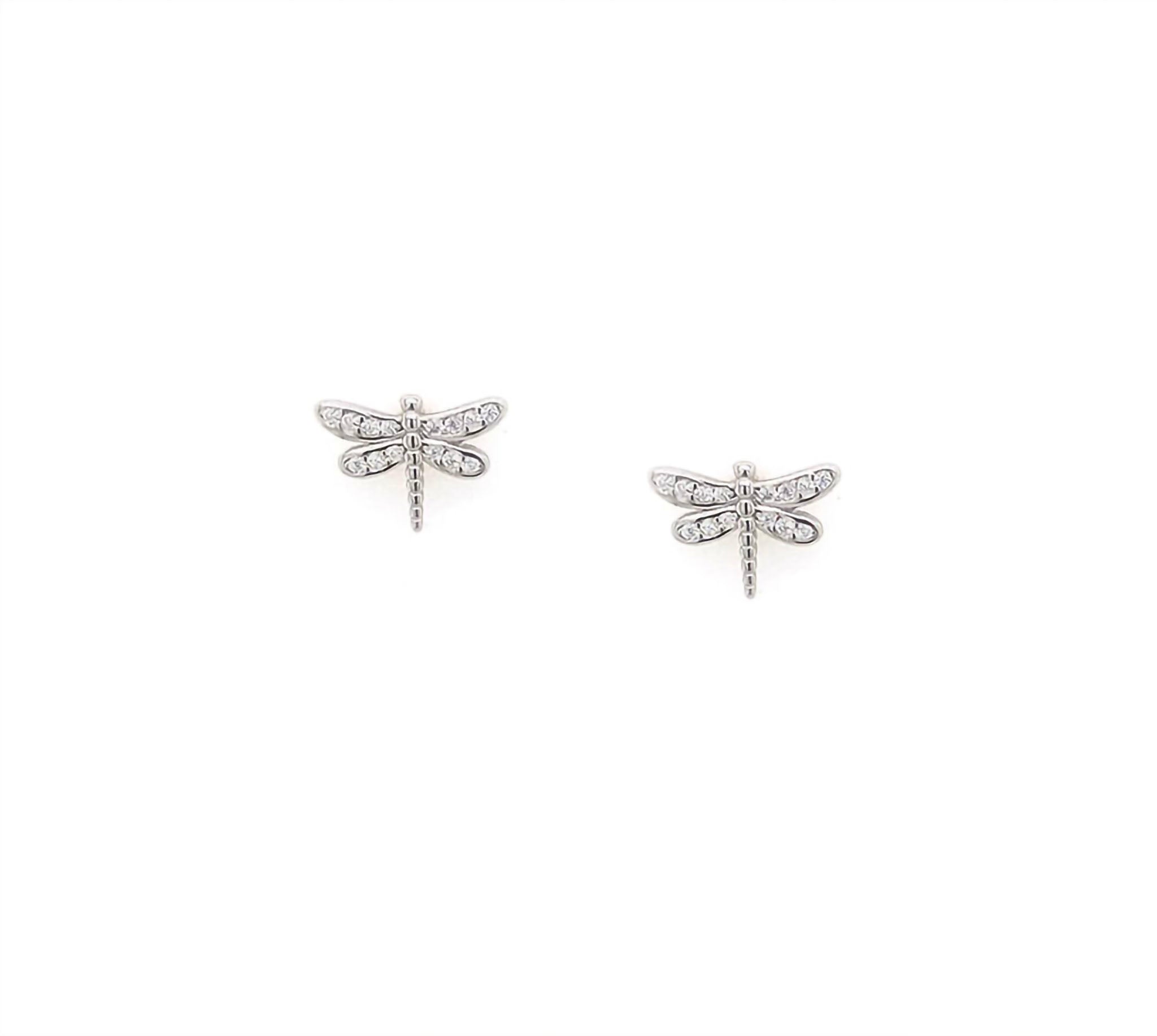 An dainty pair of pavé Dragonfly stud earrings. Made with nature lovers in mind, this pair of studs are perfect for everyday wear. This pair of earrings have gemstone filled wings with a detailed solid silver body. 